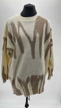 Scribble Print Drop Shoulder Fuzzy Knit Sweater in Ivory and Mocha